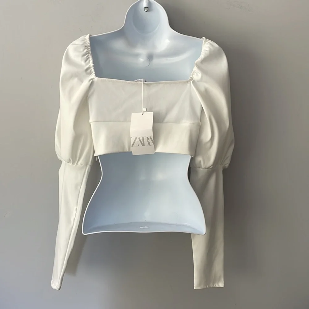 Zara White Puff Sleeve Crop Top Blouse